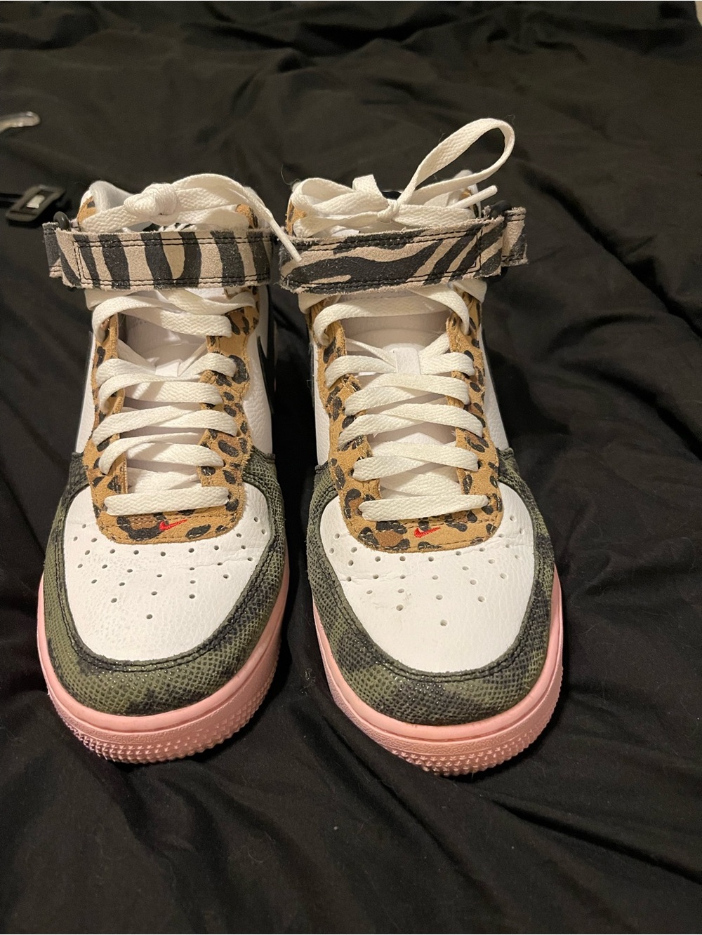 Nike Air Force One White Leopard Accent High-Top Sneakers with Pink Sole